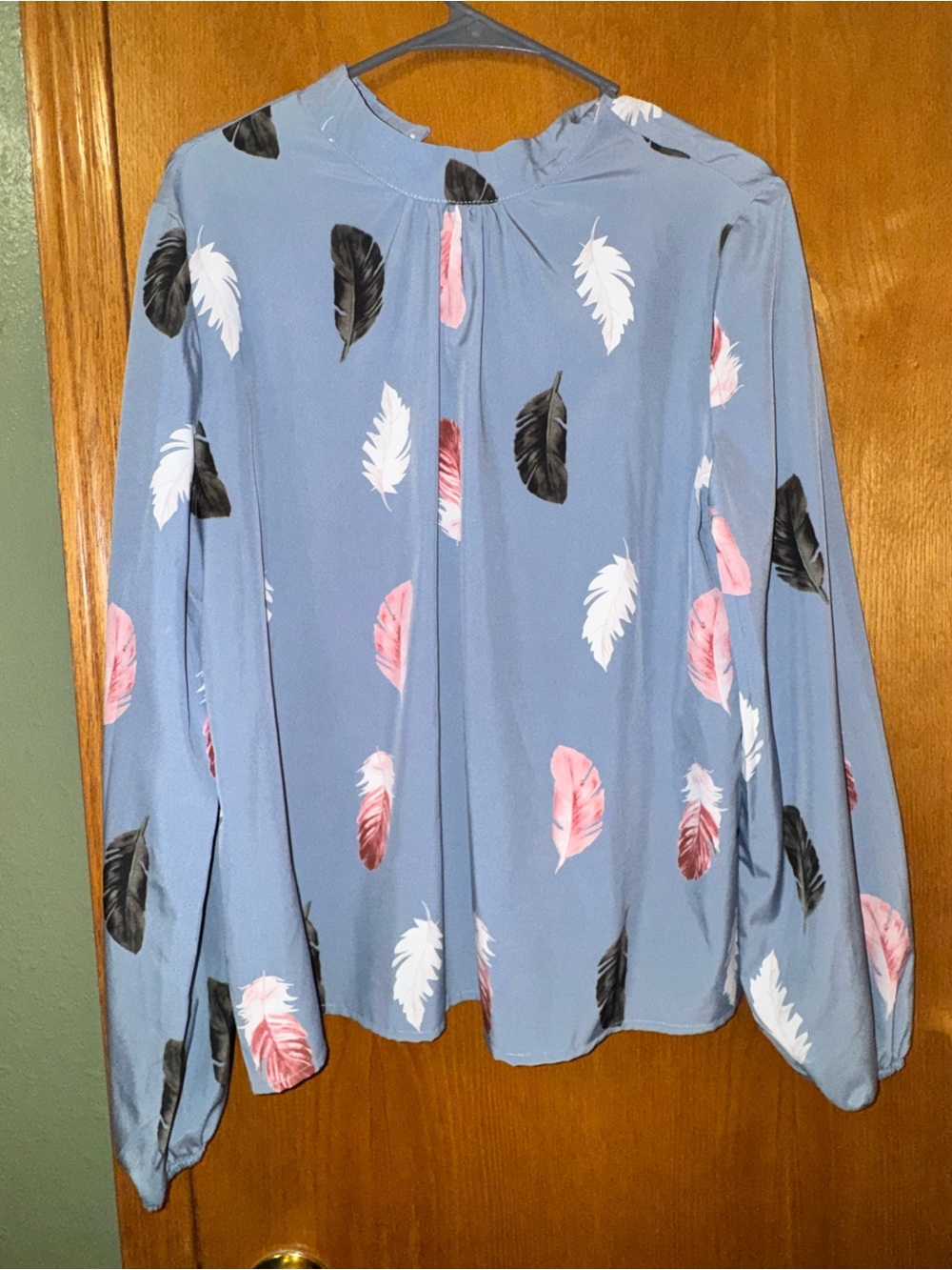 Light Blue Feather-Print Long Sleeve Blouse